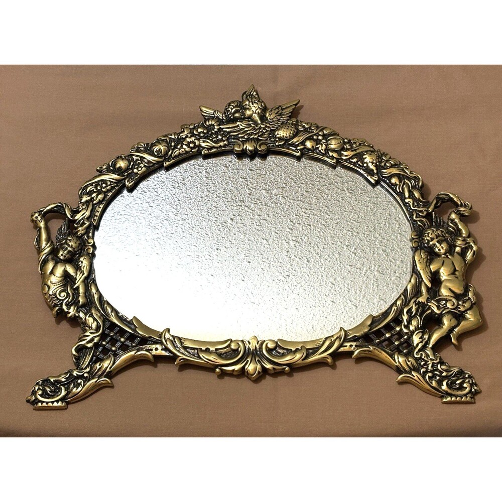 Antique Victorian Gold Gilt Cast Iron Cherub Ornate Vanity Mirror Japan 16X13.5"